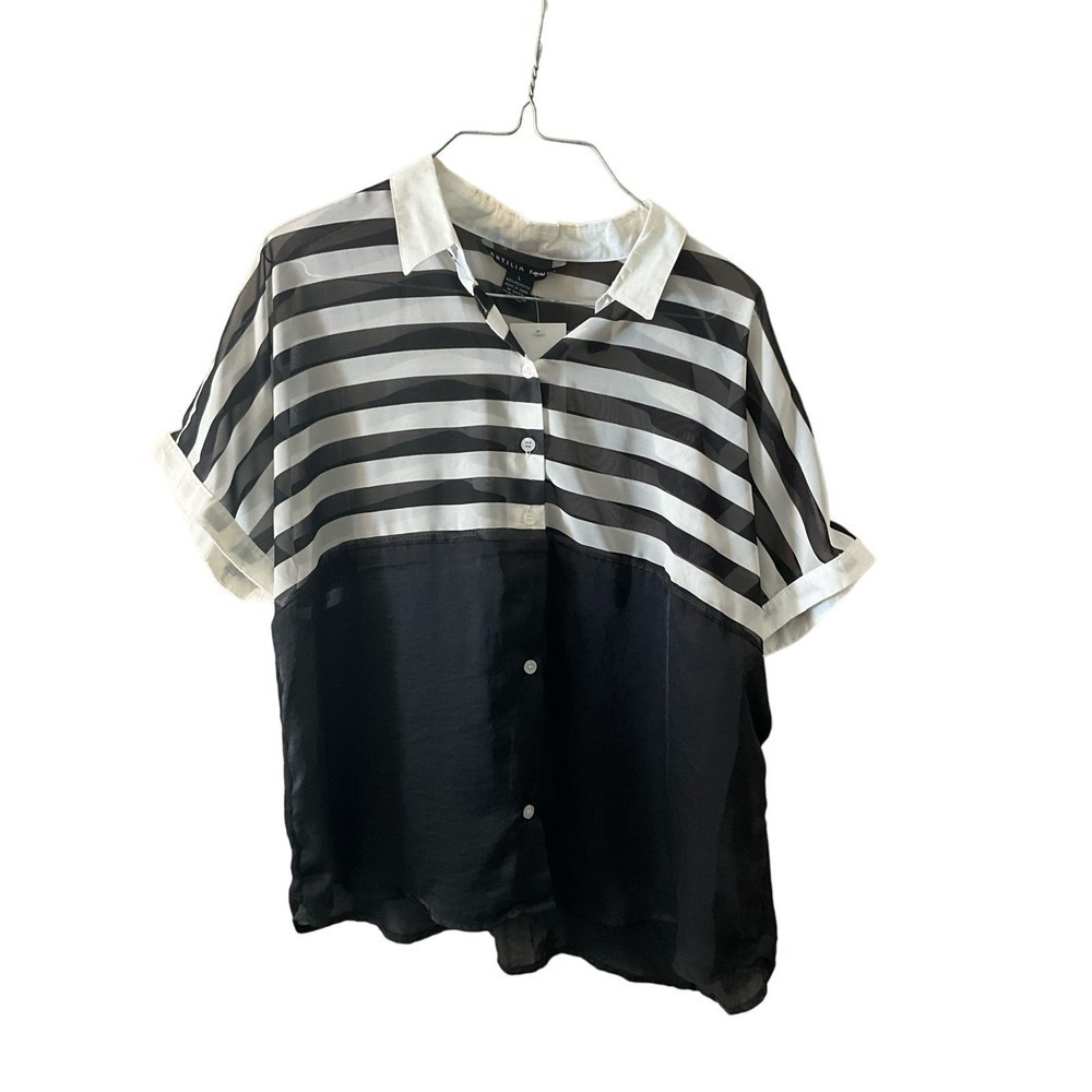 Antilia Femme Shirt Women's‎ Large White Black Striped 100% Polyester Button-Up